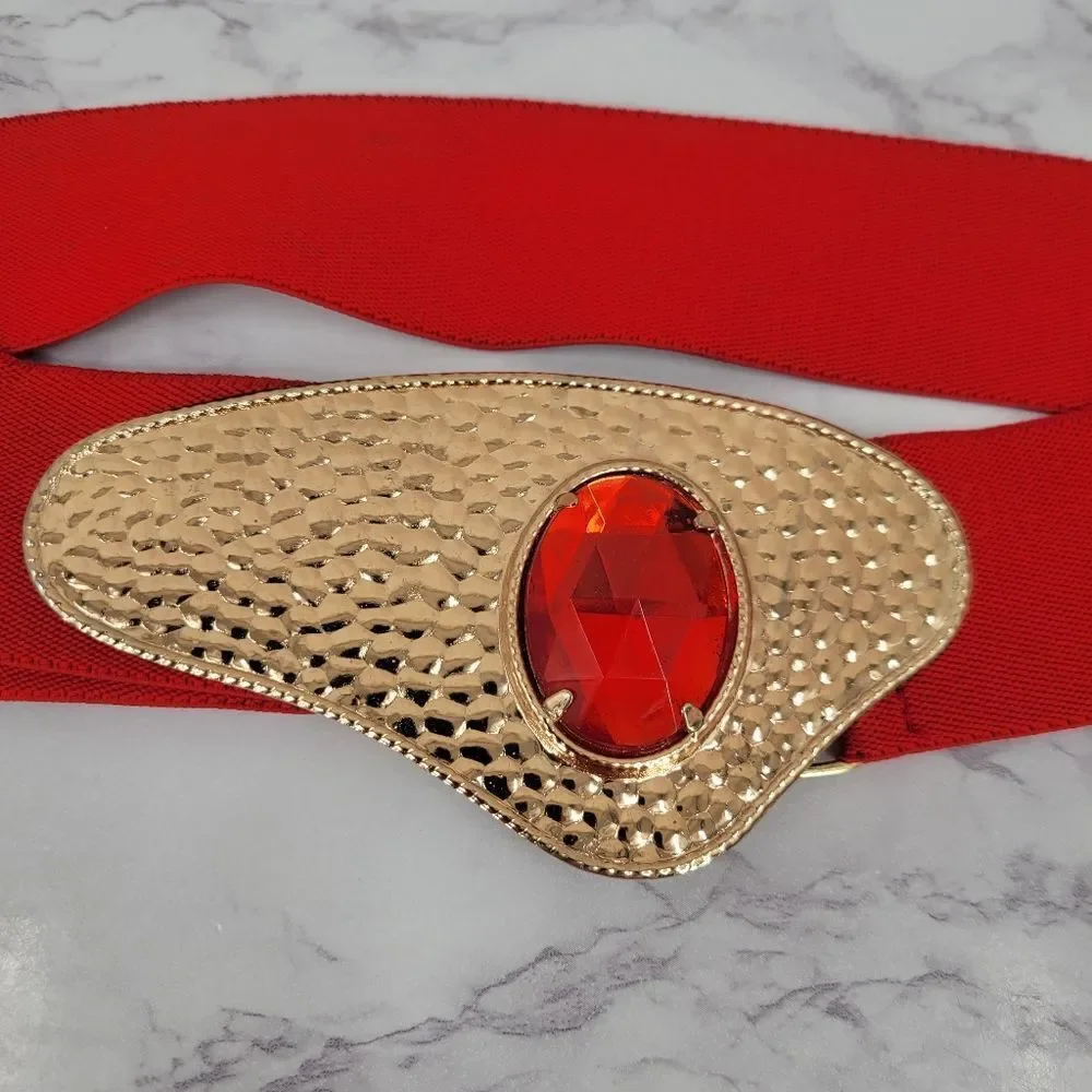 Vintage 80s Red Stretch Belt with Hammered Metal Gold Buckle Red Gem